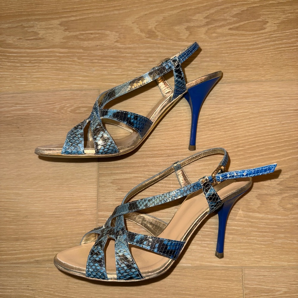Roberto Cavalli Blue Snakeskin Stiletto Sandals Sling Back